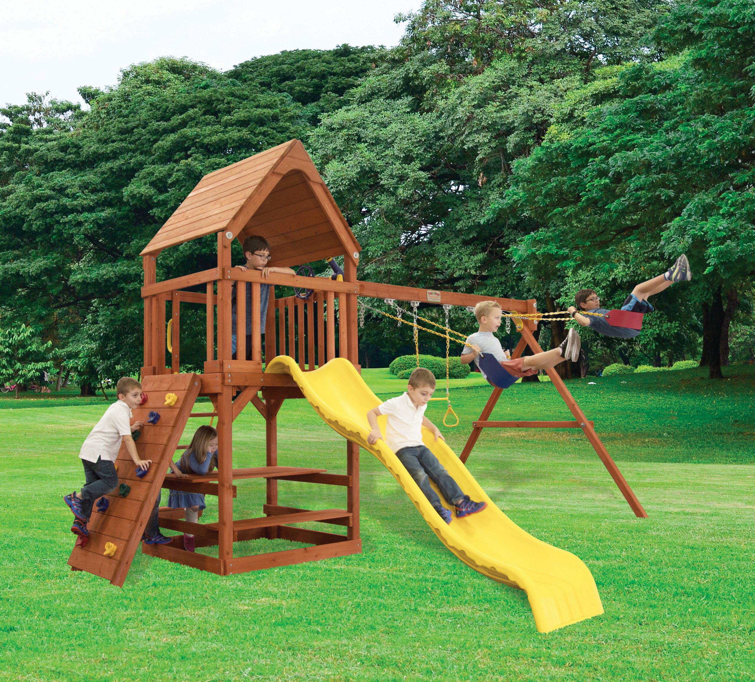 wooden play fort with slide