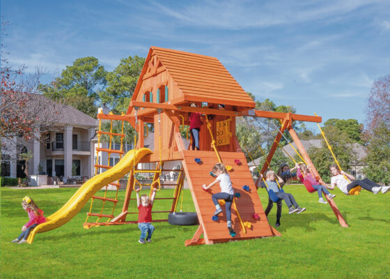 Parrot Island Playcenter w/ Wood Roof, Treehouse Panels and Yellow Wave Slide