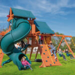Parrot Island Playcenter w/ Green Tarp, 4x6 Monkey Bars, Loft, Wave Slide and Spiral Slide